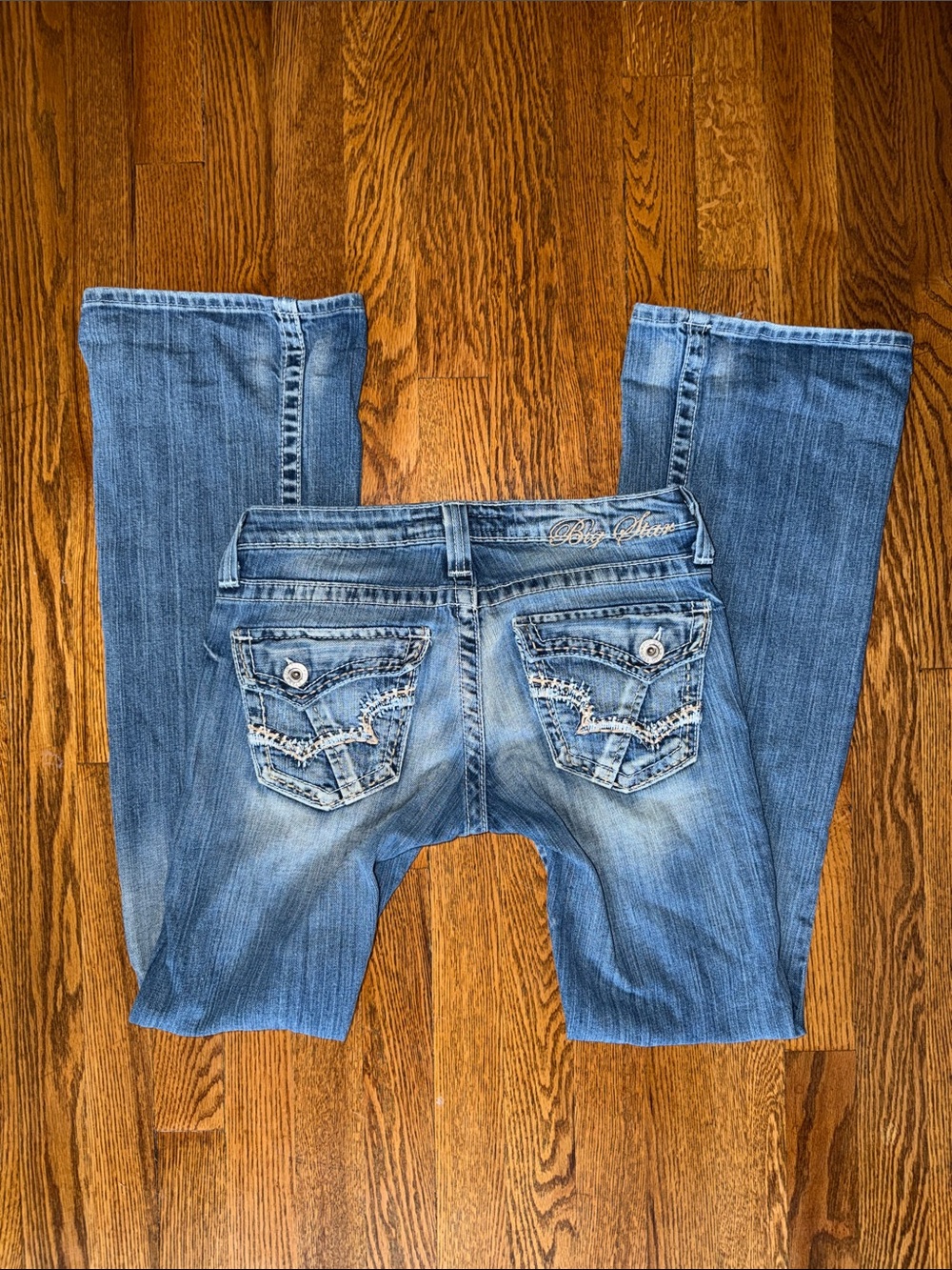 2000s Vintage Y2K Big Star Ultra Low Rise Bootcut Light Blue Embroidered Jeans